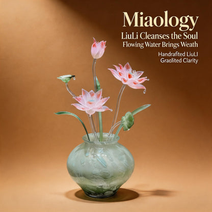 Handblown Glass vase with luxury glass floral designs on a brown background, featuring Miaology branding.