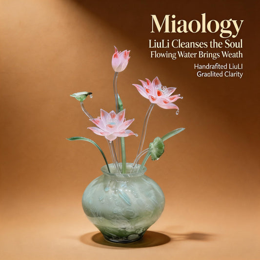 Handblown Glass vase with luxury glass floral designs on a brown background, featuring Miaology branding.