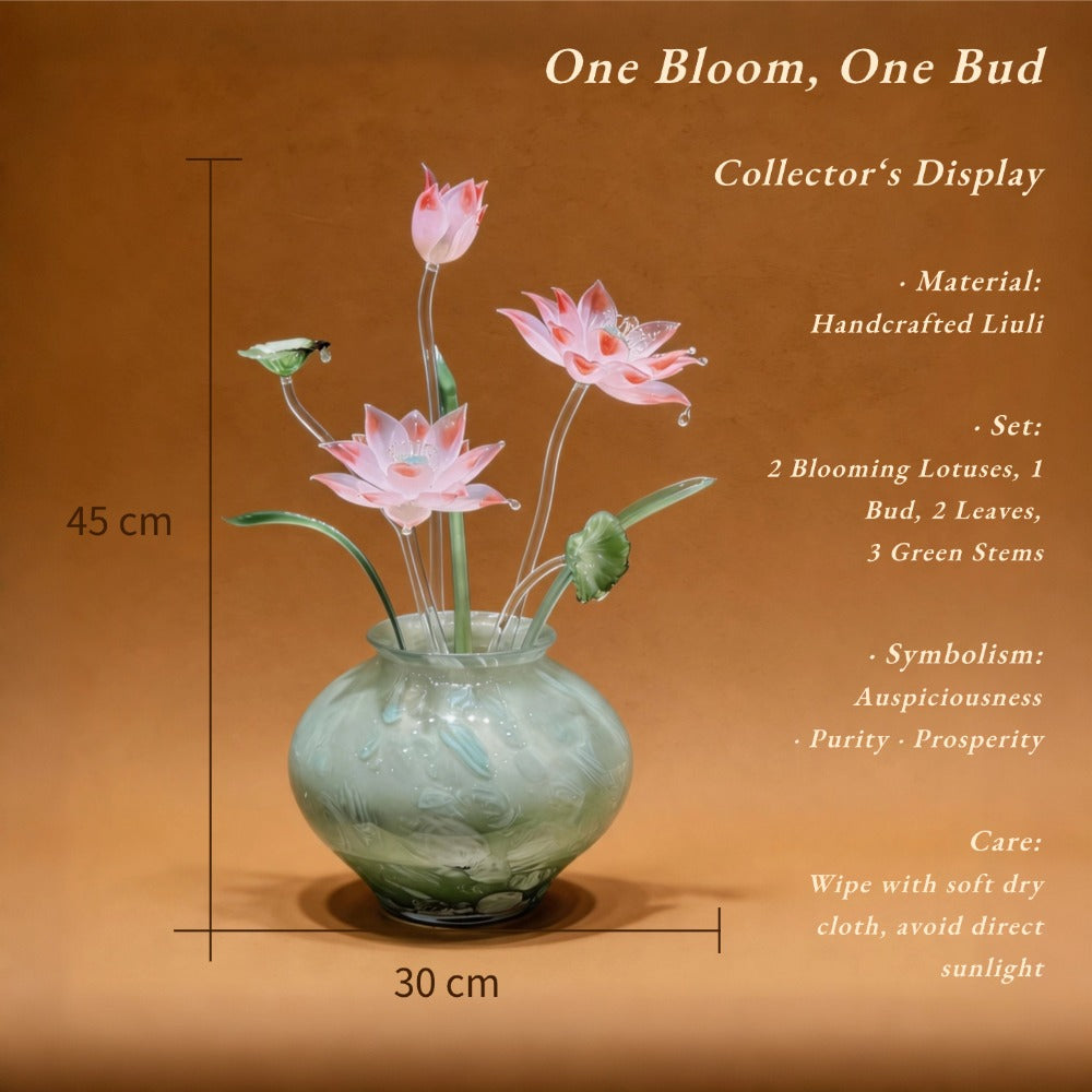 Handblown Glass lotus flower set with dimensions and care instructions on a brown background