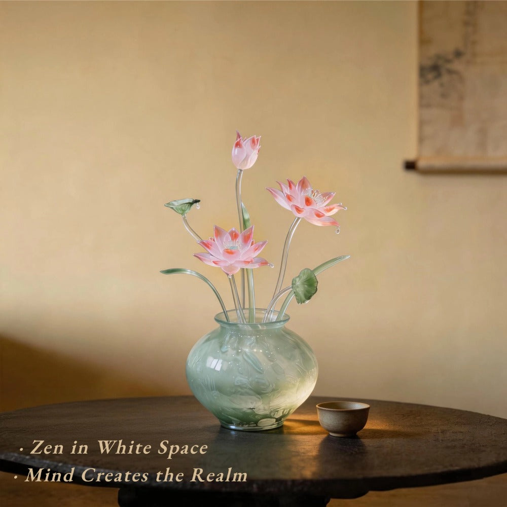 Decorative luxury glass vase with pink flowers on a wooden table against a beige wall.