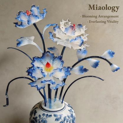 Blue-and-White Lotus Serenity | Liuli Glass Floral Arrangement in Porcelain Vase