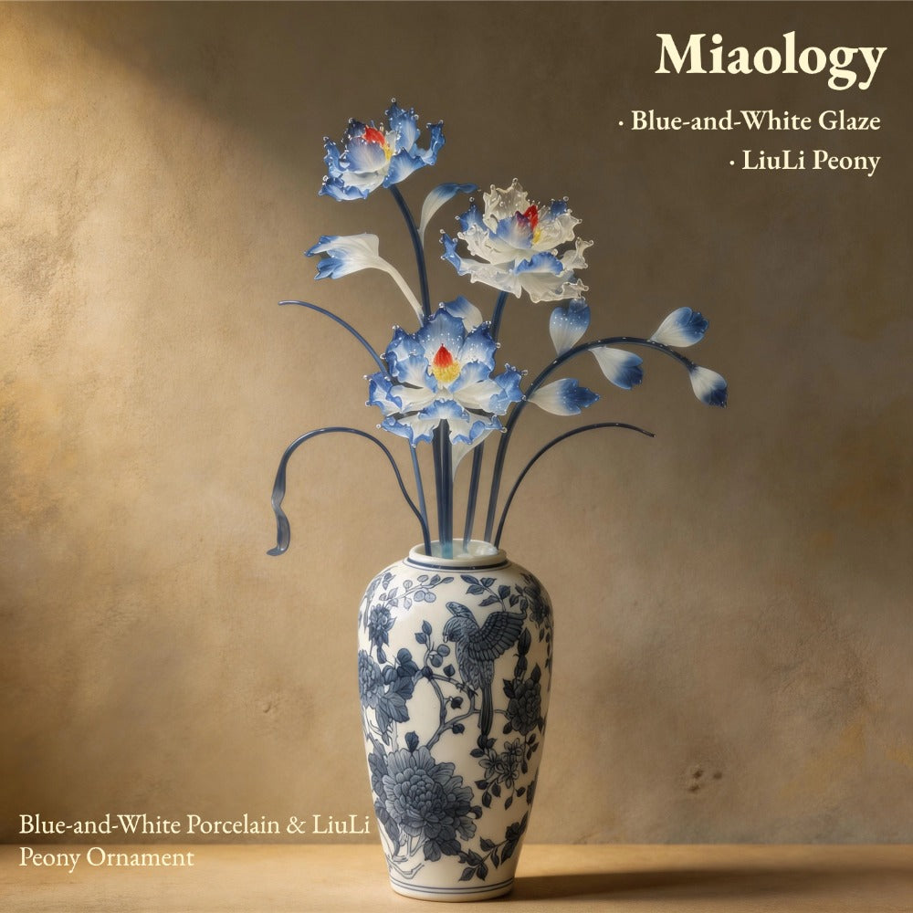Blue-and-White Lotus Serenity | Liuli Glass Floral Arrangement in Porcelain Vase