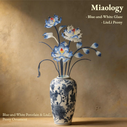 Blue-and-White Lotus Serenity | Liuli Glass Floral Arrangement in Porcelain Vase