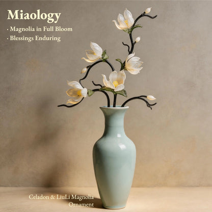 Imperial Magnolia | Handcrafted Liuli White Magnolia Arrangement with Celadon Porcelain Vase