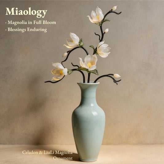 Imperial Magnolia | Handcrafted Liuli White Magnolia Arrangement with Celadon Porcelain Vase