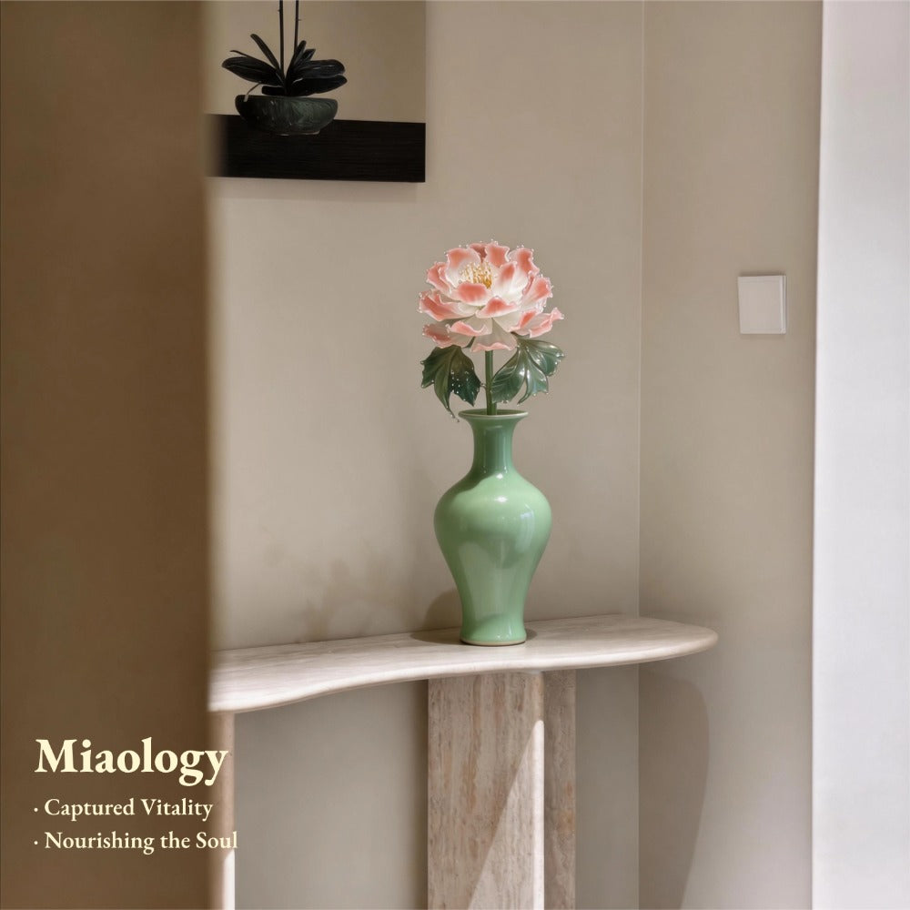 Celadon Bloom – Handcrafted Glass Peony in Celadon Vase
