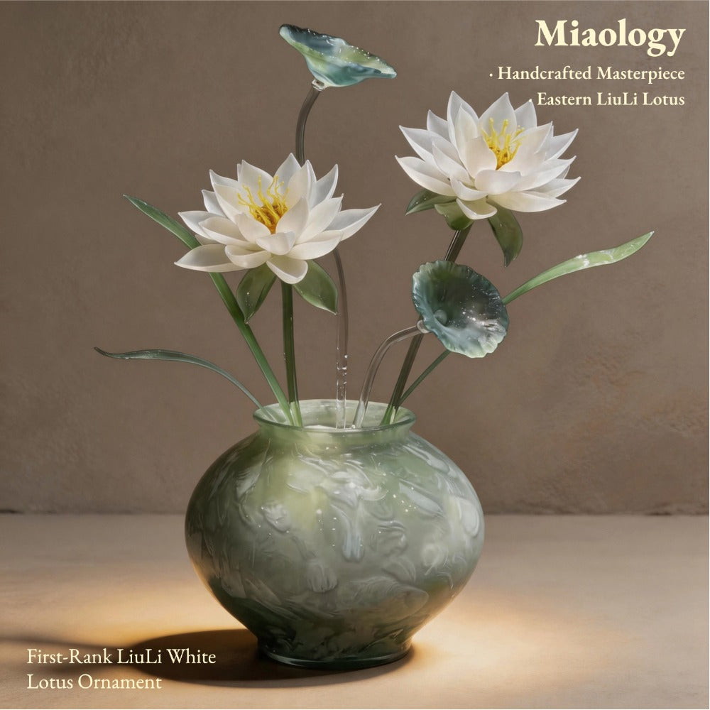 Celadon Blooming Lotus Liuli Sculpture in Carved Celadon Vase