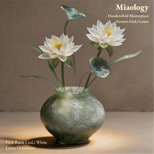 Celadon Blooming Lotus Liuli Sculpture in Carved Celadon Vase