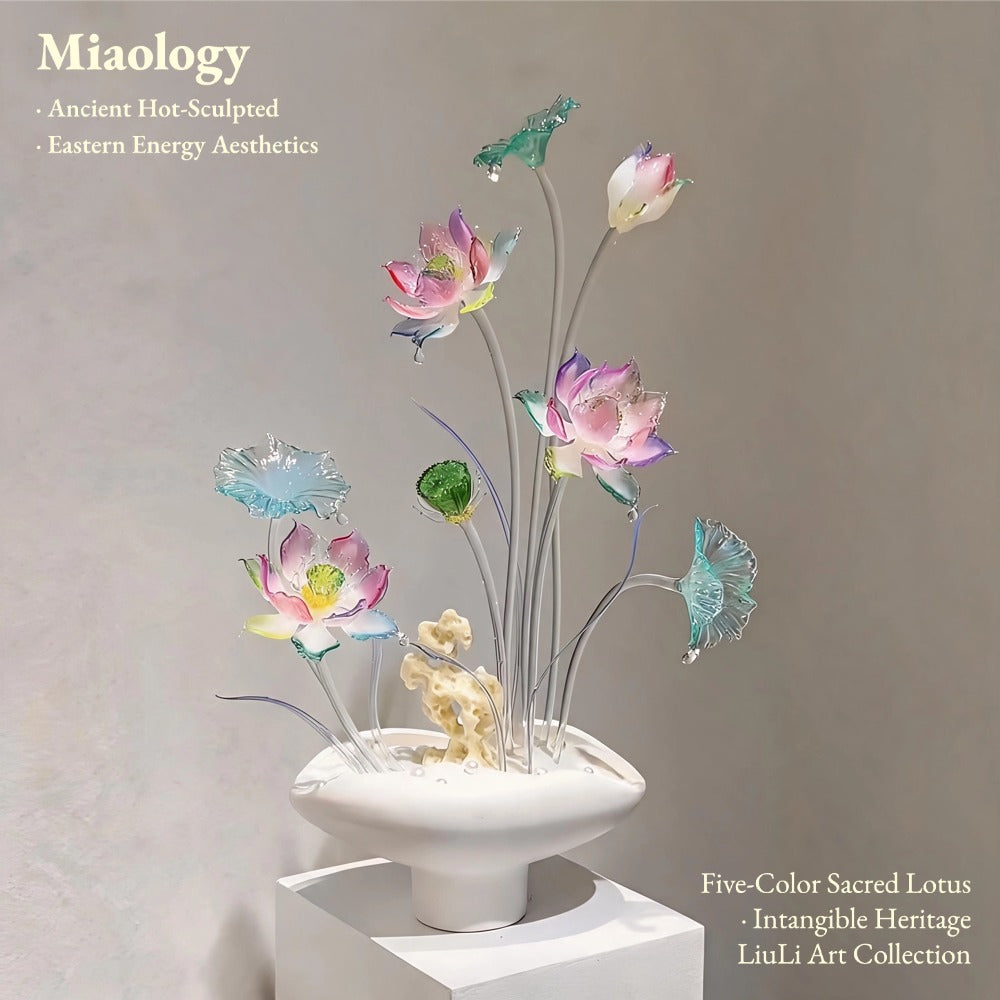Radiant Liuli Lotus Arrangement – Handcrafted Colorful Crystal Glass Lotus Sculpture