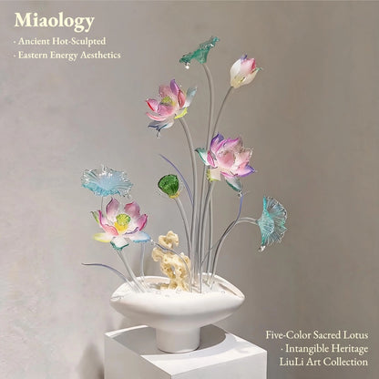 Radiant Liuli Lotus Arrangement – Handcrafted Colorful Crystal Glass Lotus Sculpture