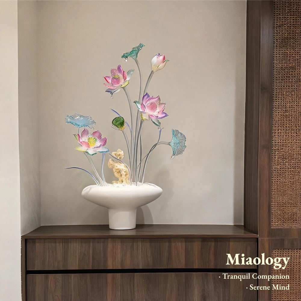 Radiant Liuli Lotus Arrangement – Handcrafted Colorful Crystal Glass Lotus Sculpture