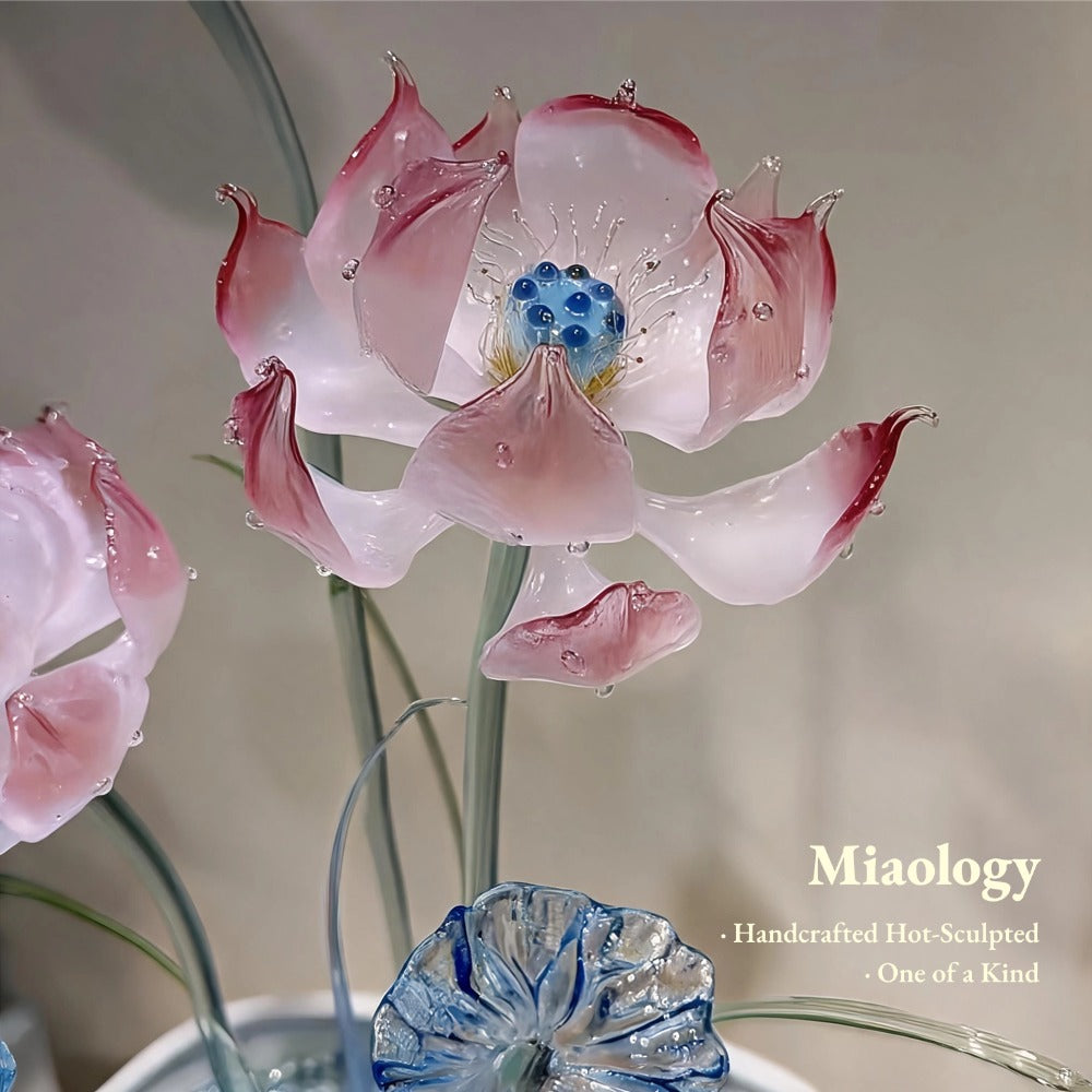 Blooming Pink Liuli Lotus Arrangement – Handcrafted Crystal Glass Lotus Sculpture