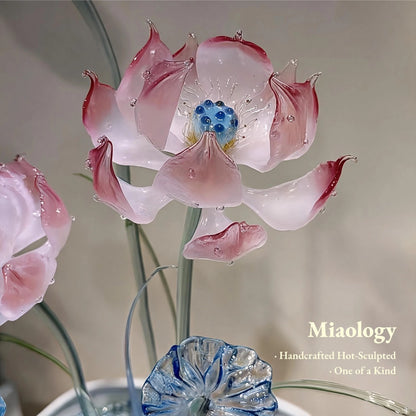 Blooming Pink Liuli Lotus Arrangement – Handcrafted Crystal Glass Lotus Sculpture