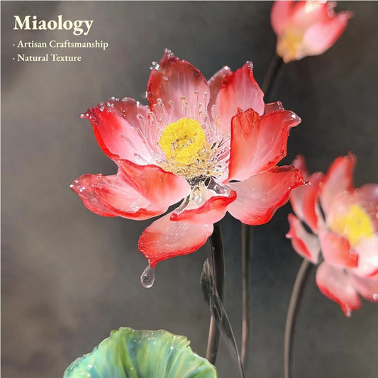 Handcrafted Red Lotus Arrangement with Sculptural Ceramic Vase