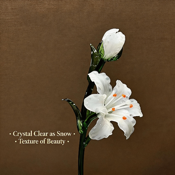 White crystal glass flowers with green stems on a brown background