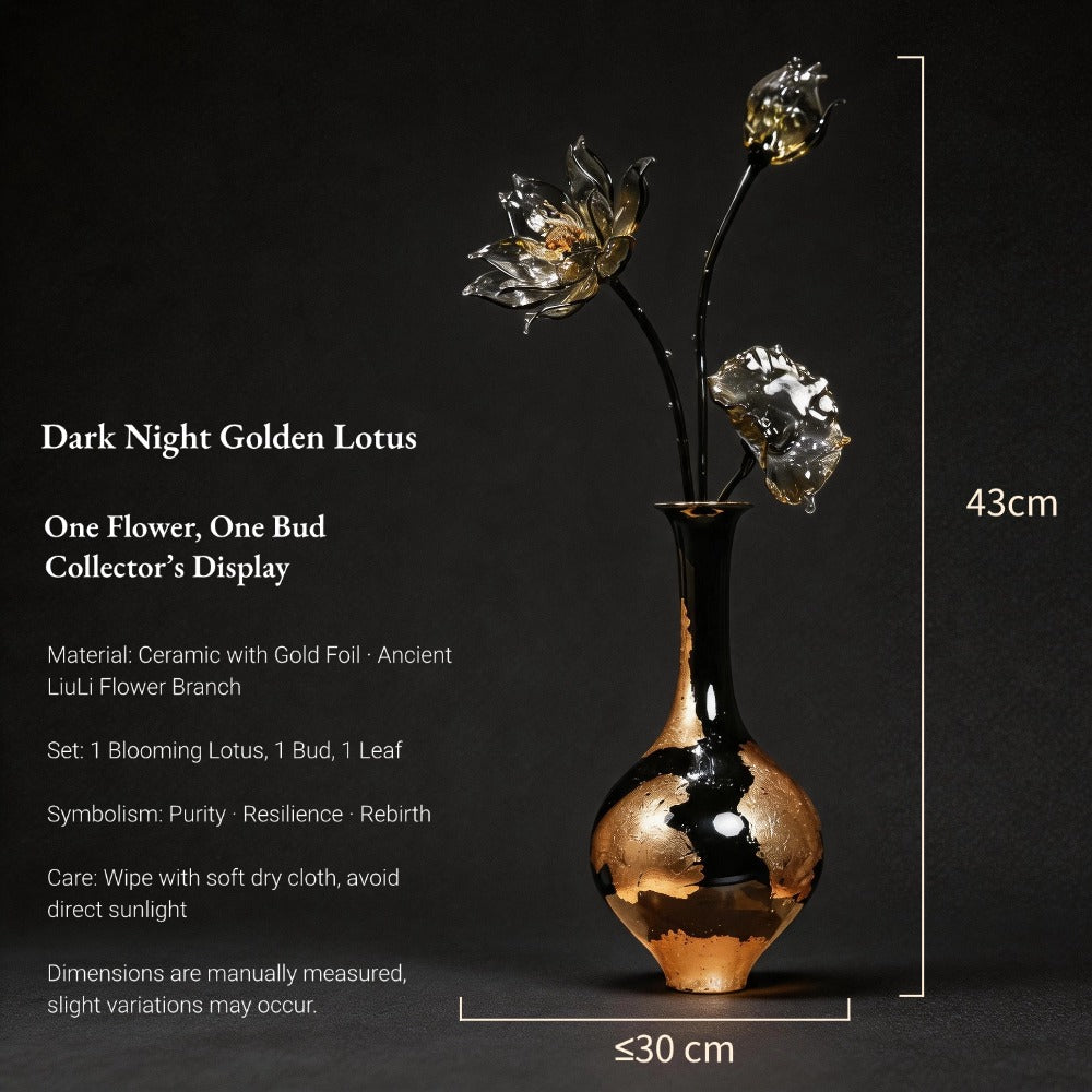 Decorative vase with dark gold glass lotus flowers on a black background