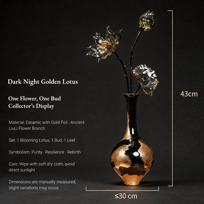 Decorative vase with dark gold glass lotus flowers on a black background