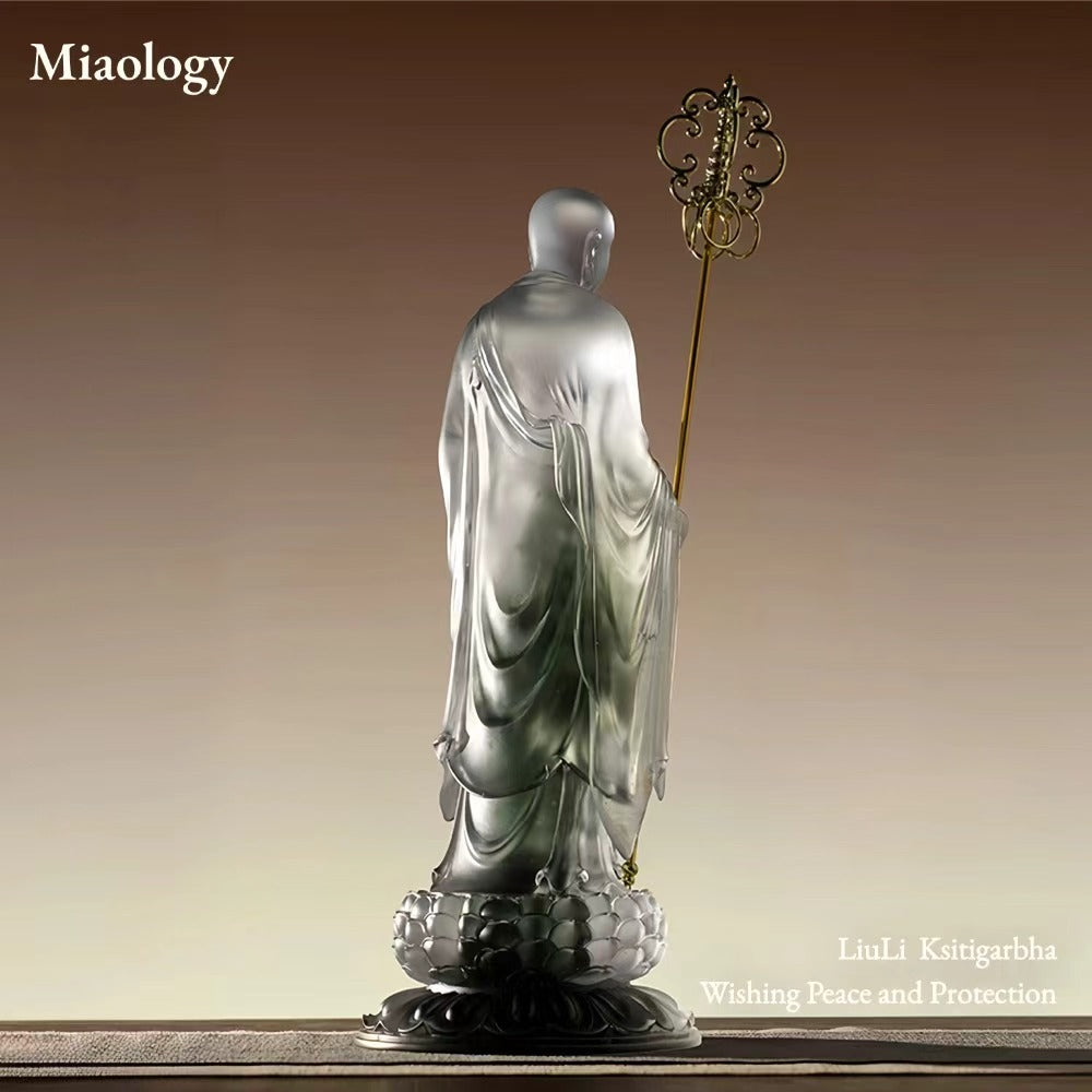Handcrafted Liuli Ksitigarbha Sculpture with Bronze Base – Lost-Wax Glass Art, Spiritual-Inspired Collectible Décor