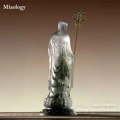 Handcrafted Liuli Ksitigarbha Sculpture with Bronze Base – Lost-Wax Glass Art, Spiritual-Inspired Collectible Décor