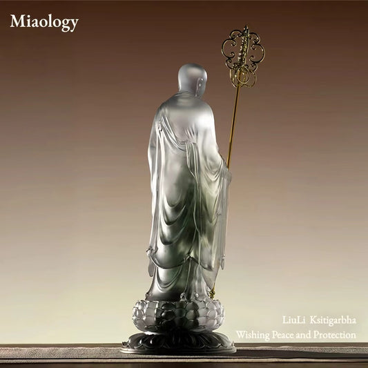 Handcrafted Liuli Ksitigarbha Sculpture with Bronze Base – Lost-Wax Glass Art, Spiritual-Inspired Collectible Décor
