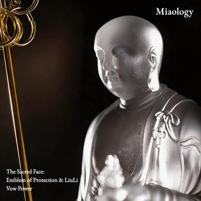 Handcrafted Liuli Ksitigarbha Sculpture with Bronze Base – Lost-Wax Glass Art, Spiritual-Inspired Collectible Décor