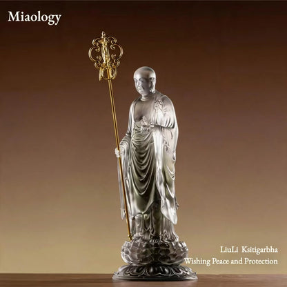Handcrafted Liuli Ksitigarbha Sculpture with Bronze Base – Lost-Wax Glass Art, Spiritual-Inspired Collectible Décor