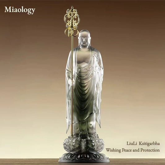Handcrafted Liuli Ksitigarbha Sculpture with Bronze Base – Lost-Wax Glass Art, Spiritual-Inspired Collectible Décor