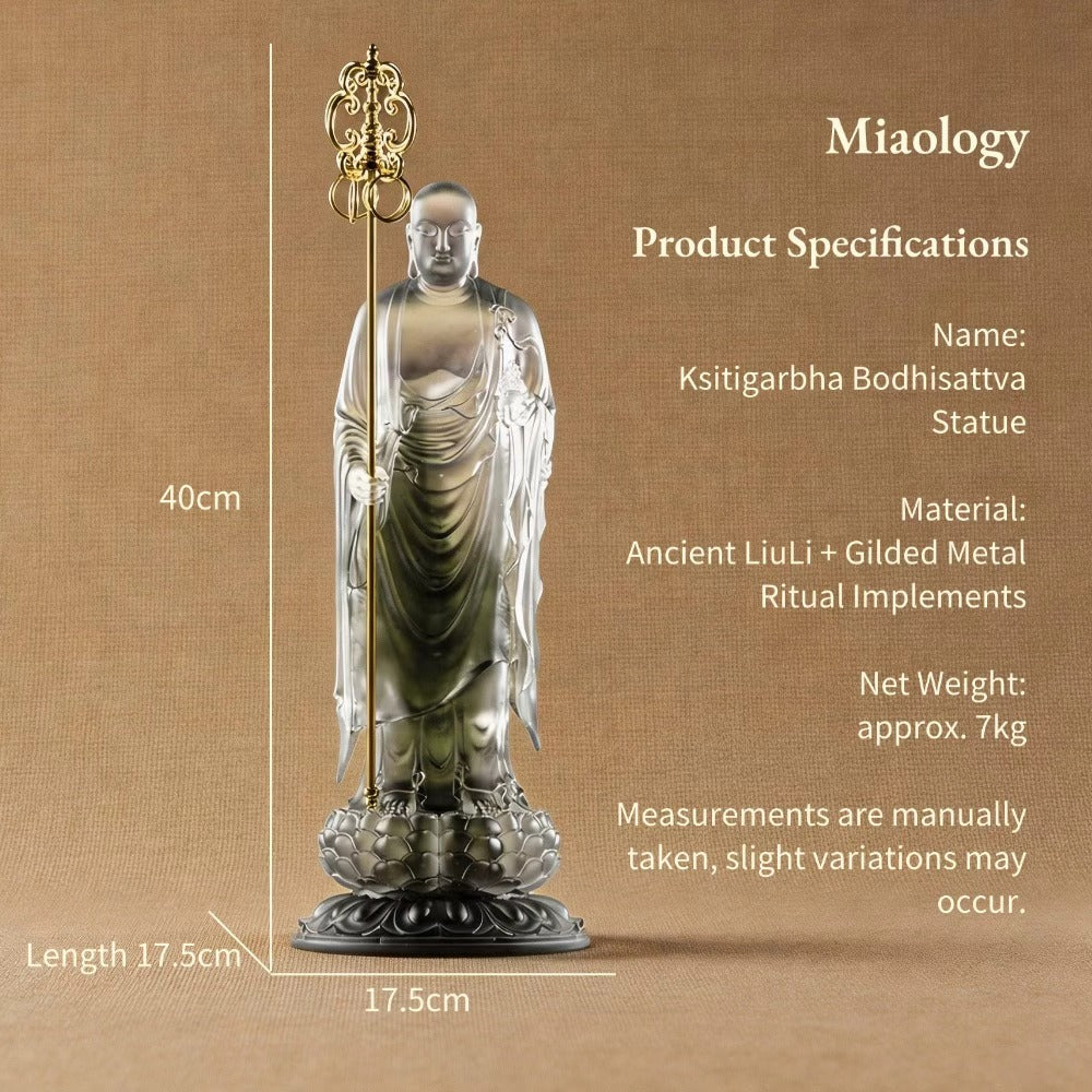 Handcrafted Liuli Ksitigarbha Sculpture with Bronze Base – Lost-Wax Glass Art, Spiritual-Inspired Collectible Décor