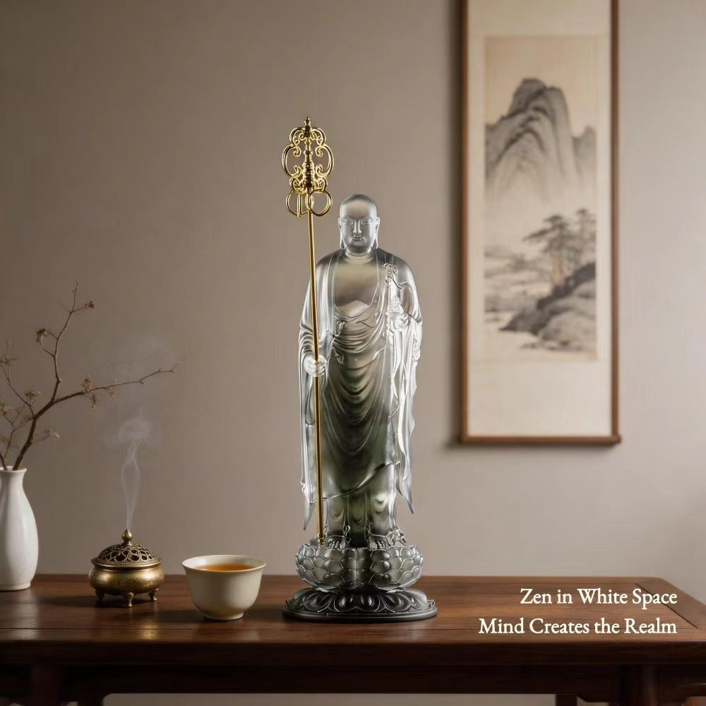Handcrafted Liuli Ksitigarbha Sculpture with Bronze Base – Lost-Wax Glass Art, Spiritual-Inspired Collectible Décor