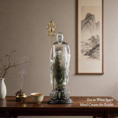Handcrafted Liuli Ksitigarbha Sculpture with Bronze Base – Lost-Wax Glass Art, Spiritual-Inspired Collectible Décor