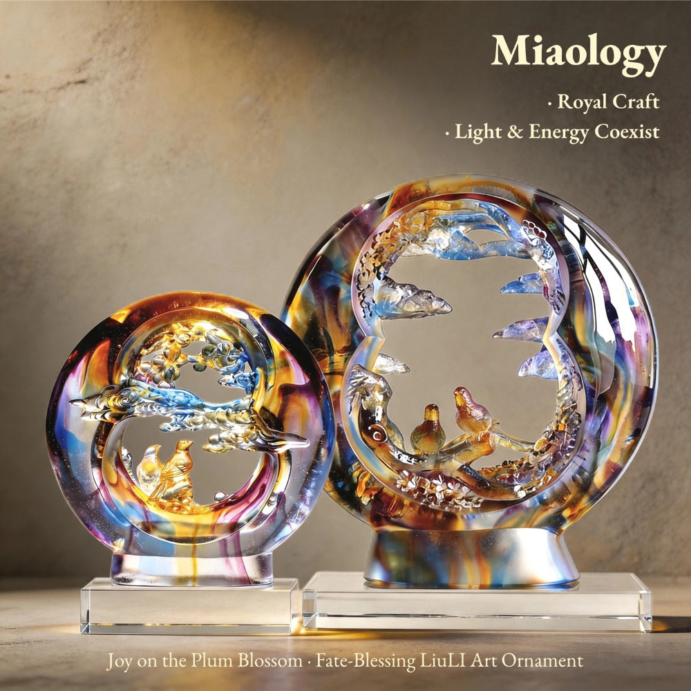 Handcrafted Lost-Wax Liuli “Joy on the Plum Blossom” Sculpture – Circular Crystal Glass Art Ornament with Magpie Pair