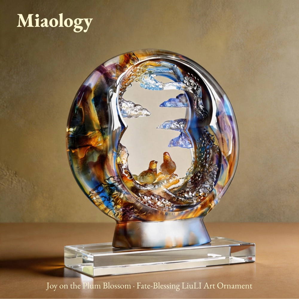 Handcrafted Lost-Wax Liuli “Joy on the Plum Blossom” Sculpture – Circular Crystal Glass Art Ornament with Magpie Pair