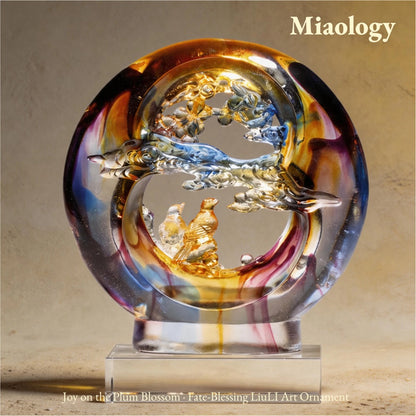 Handcrafted Lost-Wax Liuli “Joy on the Plum Blossom” Sculpture – Circular Crystal Glass Art Ornament with Magpie Pair