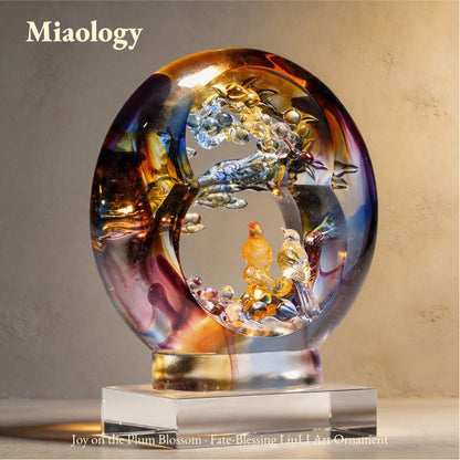 Handcrafted Lost-Wax Liuli “Joy on the Plum Blossom” Sculpture – Circular Crystal Glass Art Ornament with Magpie Pair