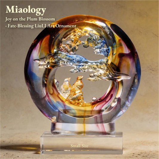 Handcrafted Lost-Wax Liuli “Joy on the Plum Blossom” Sculpture – Circular Crystal Glass Art Ornament with Magpie Pair