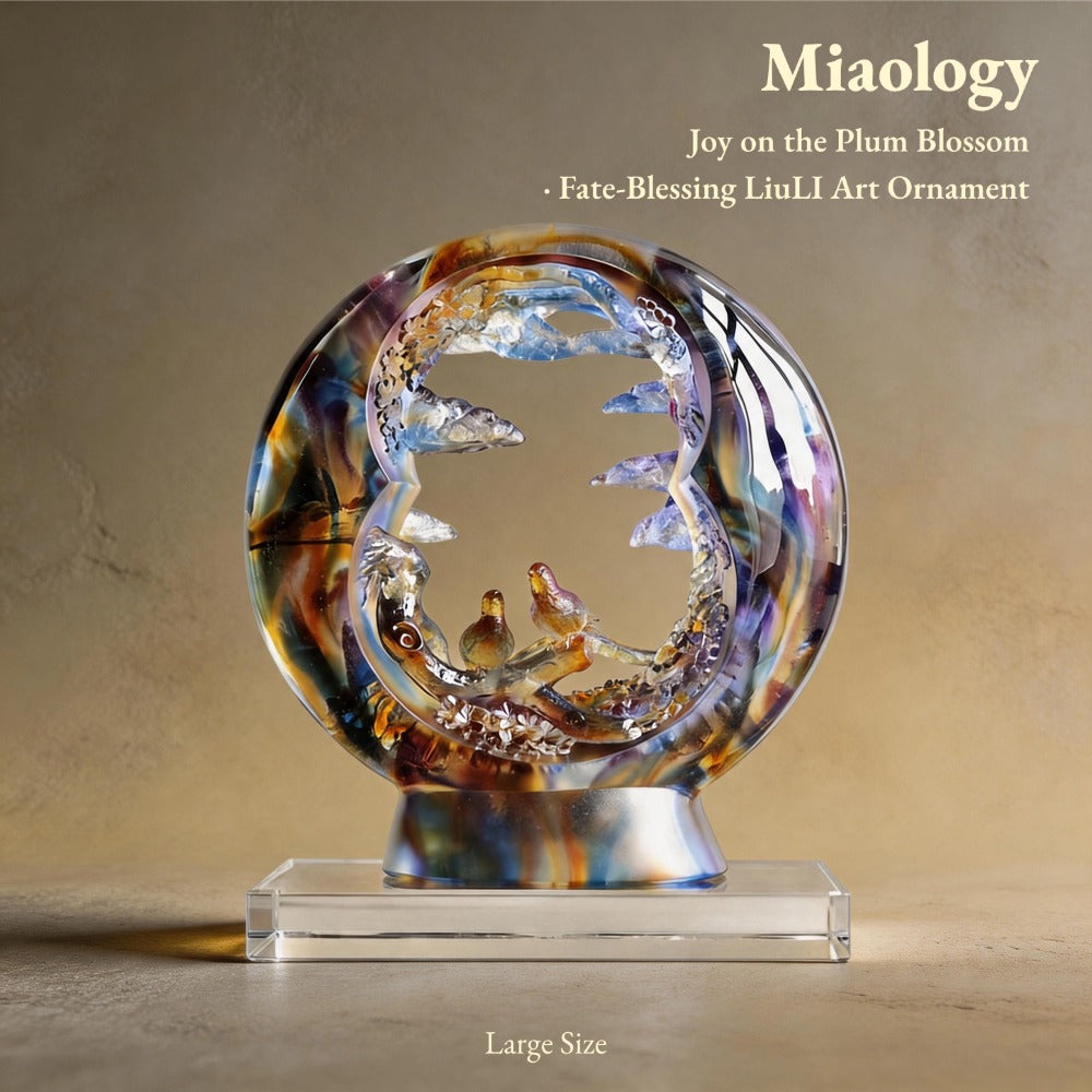 Handcrafted Lost-Wax Liuli “Joy on the Plum Blossom” Sculpture – Circular Crystal Glass Art Ornament with Magpie Pair