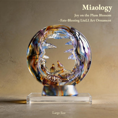 Handcrafted Lost-Wax Liuli “Joy on the Plum Blossom” Sculpture – Circular Crystal Glass Art Ornament with Magpie Pair