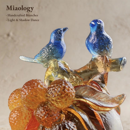 Golden Harvest Blessings | Handcrafted Liuli Persimmon & Songbird Sculpture