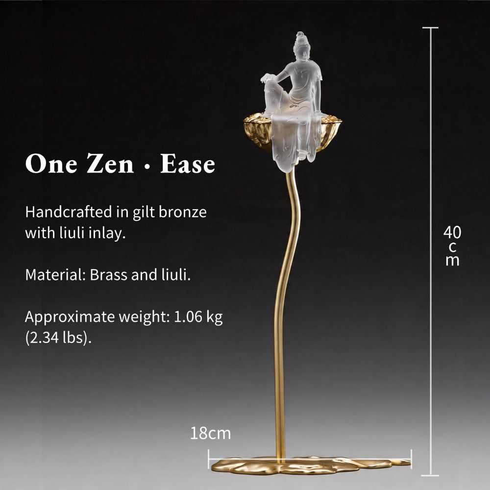Decorative statue with measurements and product details on a dark background