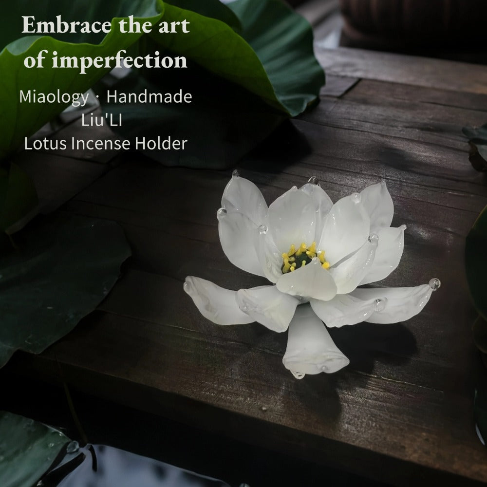 White lotus incense holder on a wooden surface with text about Miaology and Liu LI.
