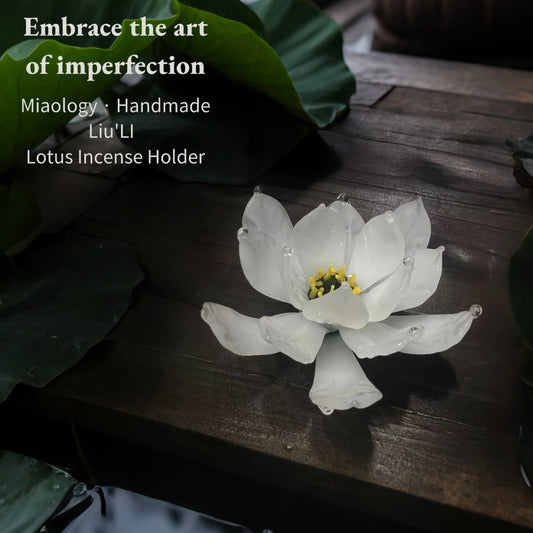 White lotus incense holder on a wooden surface with text about Miaology and Liu LI.