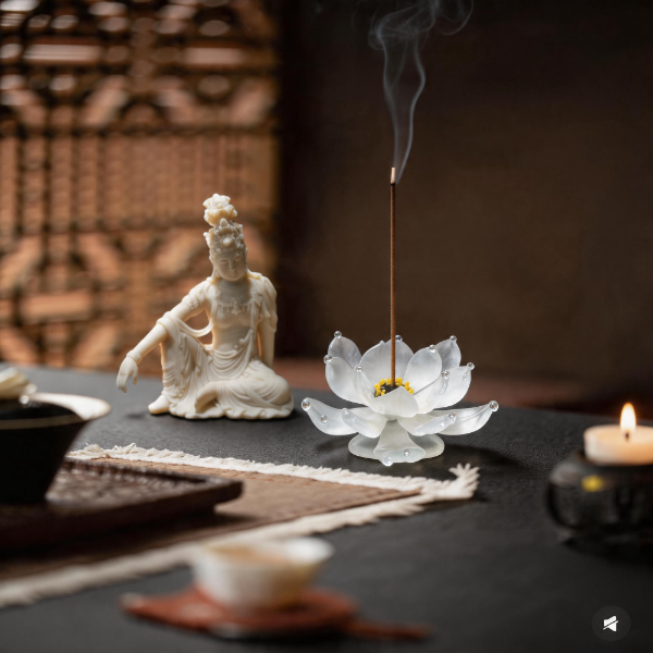 Incense stick burning in a lotus-shaped holder with a statue and tea set on a dark surface.