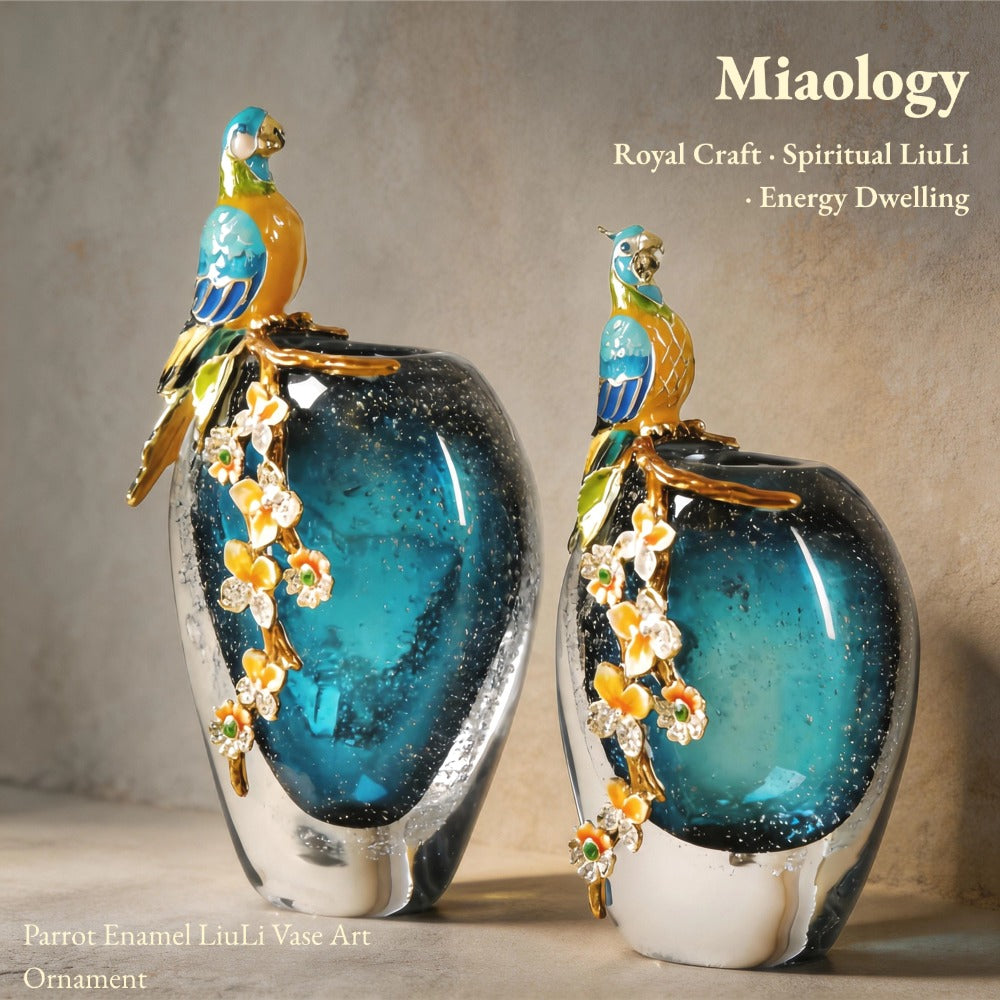 Two decorative vases with parrot enameled design on a neutral background, featuring the brand 'Miaology'.