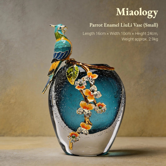 Handcrafted Double-Layer Crystal Glass Vase with Enamel Parrot Pair – Artistic Liuli Décor, Elegant Sculptural Ornament