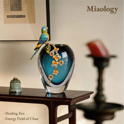 Handcrafted Double-Layer Crystal Glass Vase with Enamel Parrot Pair – Artistic Liuli Décor, Elegant Sculptural Ornament