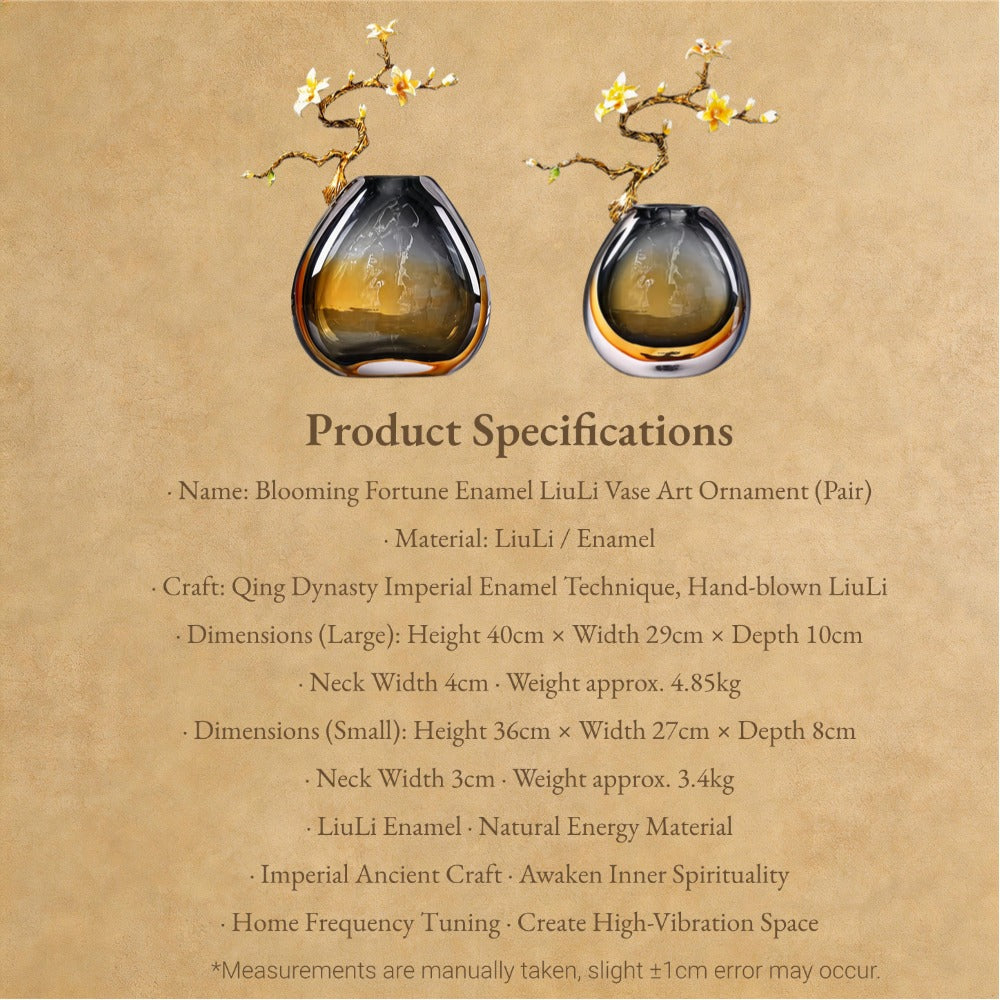 Pair of Blooming Fortune Enamel LiuLi Vase Art Ornaments with product specifications on a brown background.