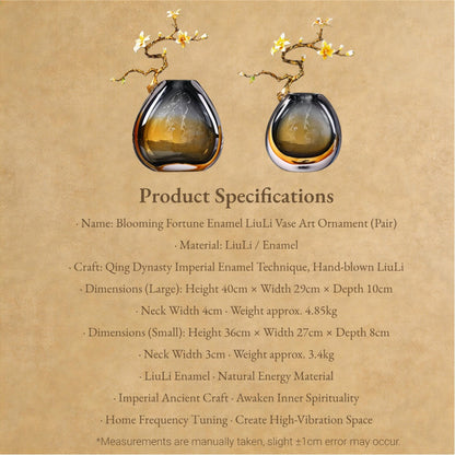 Pair of Blooming Fortune Enamel LiuLi Vase Art Ornaments with product specifications on a brown background.