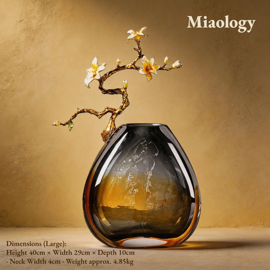 Handcrafted Double-Layer Crystal Glass Vase with Enamel Plum Blossom – Sculptural Liuli Art Décor, Elegant Vase Set (Large & Small)