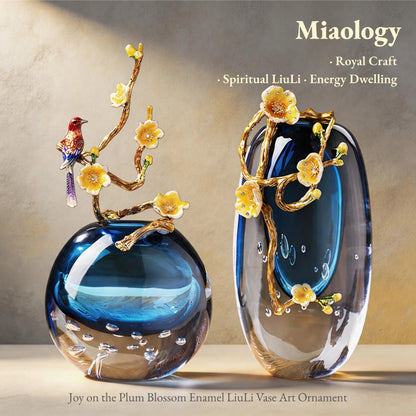 Handcrafted Double-Layer Liuli Vase Set with Enamel Plum Blossom & Hummingbird – Artistic Crystal Glass Sculptural Décor