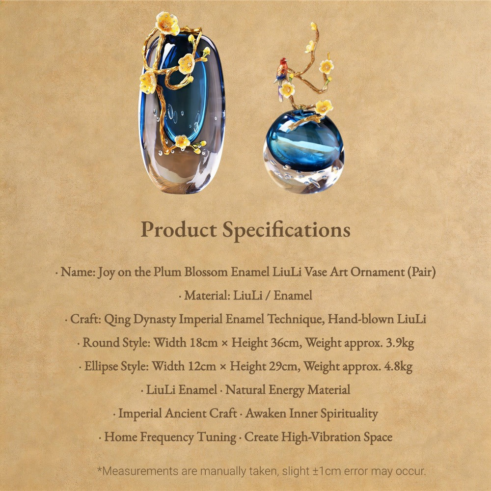 Handcrafted Double-Layer Liuli Vase Set with Enamel Plum Blossom & Hummingbird – Artistic Crystal Glass Sculptural Décor